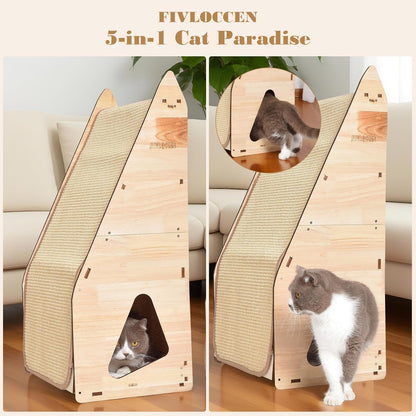 24in Multi-Functional Cat Furniture: Sisal Scratching Posts & Sturdy 3D Wood Frame for Indoor Cats, Integrated Cat Condo Hideout Tunnel All-in-One Space Saver for Multi-Cat & Budget-Friendly