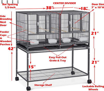 Combo Breeding Stacker Center Divided Breeder Bird Flight Double Rolling Cage with Side Breeding Nest Door (Black Vein, Single Stack)