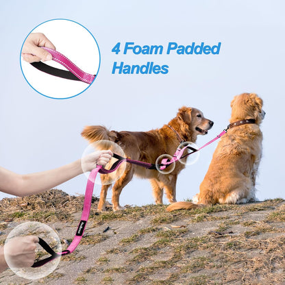 PetBonus Double Dog Leash, No Tangle Dual Leash, Reflective Walking Training Lead, 4 Comfortable Padded Handles for 2 Dogs with Collapsible Bowl and Waste Bags (Pink, Large)