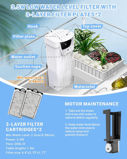 Small Turtle Tank with Filter, Acrylic Turtle Tank Starter Kit, Reptile Habitat and Terrarium with Multi-Functional Areas for Tortoise,Crab,Crayfish,Small Reptile. (Tank+Filter)