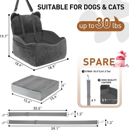 Dog Car Seat Booster with Waterproof Cover, Memory Foam, Small/Medium Dog Bed for Car Back Seat for Travel, Grey, 2 Safety Belt