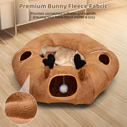 Odoland Reindeer Cat Tunnels Bed with 20 Kitten Toys for Indoor Cats, Plush Cats Couch Tunnel Bed - Kittens Cave Donut Tunnel - Detachable Soft Cat Bed and Variety Kitty Toy Set
