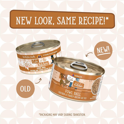 Weruva Cats in The Kitchen, Fowl Ball with Chicken & Turkey Au Jus Cat Food, 3.2oz Can (Pack of 24)