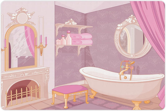 Lunarable Feminine Pet Mat for Food and Water, Design in The Palace of The Cartoon Bathtub Cabinet Mirror Washroom, Non-Slip Rubber Mat for Dogs and Cats, 18" X 12", Beige Pink
