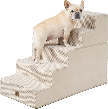 EHEYCIGA Dog Stairs for High Bed 25" H, 5-Step Extra Wide Dog Steps for Bed, Pet Steps for Small Dogs and Cats, Non-Slip Balanced Pet Ramp Indoor, Beige