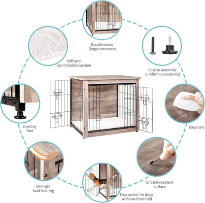 DWANTON Dog Crate Furniture with Cushion, Wooden Kennel Table with Double Doors, Indoor Dog House, Small/Medium/Large/Extra Large Size, 27.2" L, Greige
