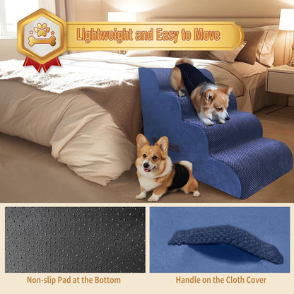 PAWSCART Dog Stairs for Small Dogs and Cats, 4-Step Dog Steps for Bed, 19.6" H Pet Stairs for High Bed, Pet Ramp for Couch, Sofa, Non-Slip Surface Removable Washable Cover, Blue