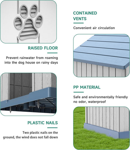 DRATO Indoor Outdoor Waterproof Dog House,PP Material,Puppy Shelter with Air Vents and Elevated Floor,Sturdy Dog Kennel for Small to Large Sized Dogs, Easy to Assemble (Blue, 38.62×36.26×38.07 Inches)