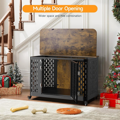 Dog Crate with Cushion, 38" Wood Heavy Duty Dog Crate Furniture with Flip Top & Wheels for High Anxiety Dogs, Escape Proof Pet Cage for Small/Medium Dogs