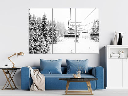 Nature Wall Art Prints - Ocean Forest Mountain Lake Canvas Landscapes - Small to Extra Large Living Room Bedroom Kitchen Bathroom Décor (Ski Lift on Snowy Mountain, 35L" x 53W" - 3 Panels)