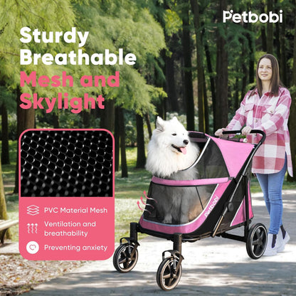 Petbobi Dog Stroller for Medium Dogs - Easy Fold Dual Entry Pet Stroller with One-Foot Brake, All Terrain Wagon Cart with Large Air Mesh, Ideal for Large Senior Pets up to 80 lbs, Pink