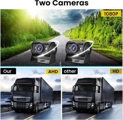 Hikity Dual Backup Camera Monitor Kit, 7'' 1080P RV Reverse Camera System for Trucks, SUV, Bus, Pickup, Plug & Play, Night Vision, Wide Angle, IP69 Waterproof Rear View Camera, (49.2ft Video Cable)