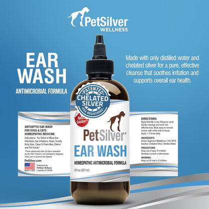 PetSilver Ear Cleaner for Dogs & Cats – Gentle Otic Rinse with Chelated Silver Formula – Supports Clear, Comfortable Ears – Easy to Use – Thoughtfully Made in The USA with Care – 8 fl oz