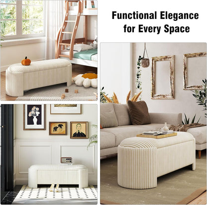 Storage Ottoman Bench Upholstered Corduroy End of Bed with Safety Hinge for Bedroom, Living Room, Entryway, Closet, Stool Modern Design Legs, No Installation Needed, White