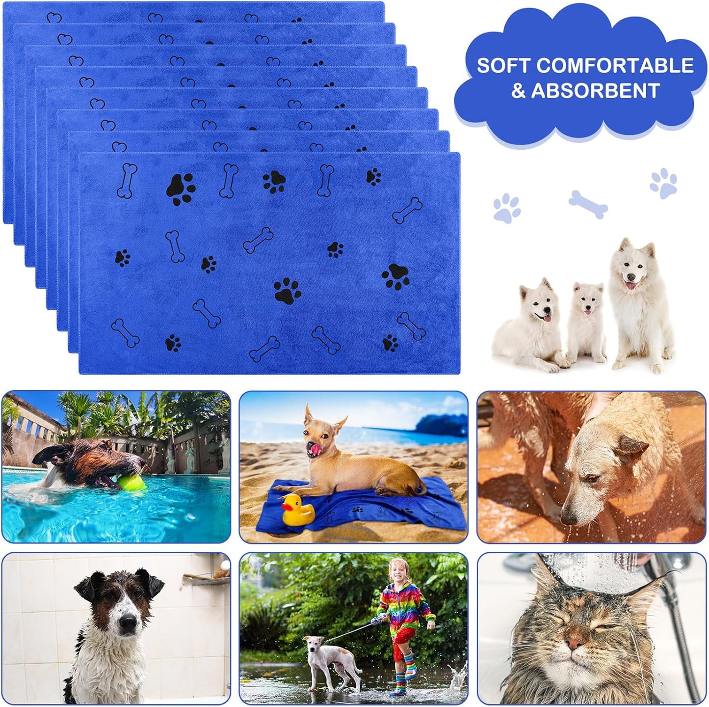 Chumia 8 Pcs Dog Towels for Drying Dogs Cats Pet Towels Bulk Puppy Microfiber Quick Drying Paw Bath Bathing Supplies Absorbent for Medium Pets(Dark Blue,40 x 24 Inch)