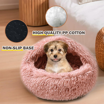 Cat Bed for Indoor Cats, Calming Cozy Cave with Self-Warming Plush, Entire Bed Machine Washable & Anti-Slip Base, Breathable Pet Bed for Small Cats&Dogs All Seasons (Leather Pink, 24 * 24inch)