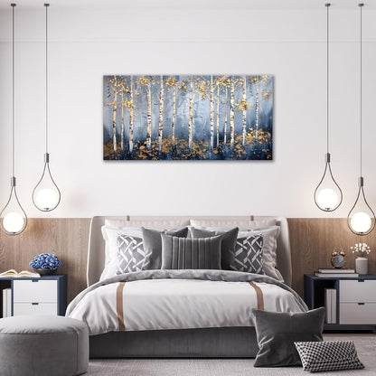 Large White Birch Wall Art Forest Golden Leaves Canvas Living Room Nature Landscape Pictures Framed Prints Oversize Wall Decor Painting Artwork for Bedroom Dining Home 60"x30"