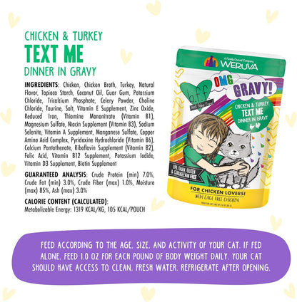 Weruva B.F.F. OMG - Best Feline Friend Oh My Gravy!, Chicken & Turkey Text Me with Chicken & Turkey in Gravy, 2.8oz Pouch (Pack of 12)