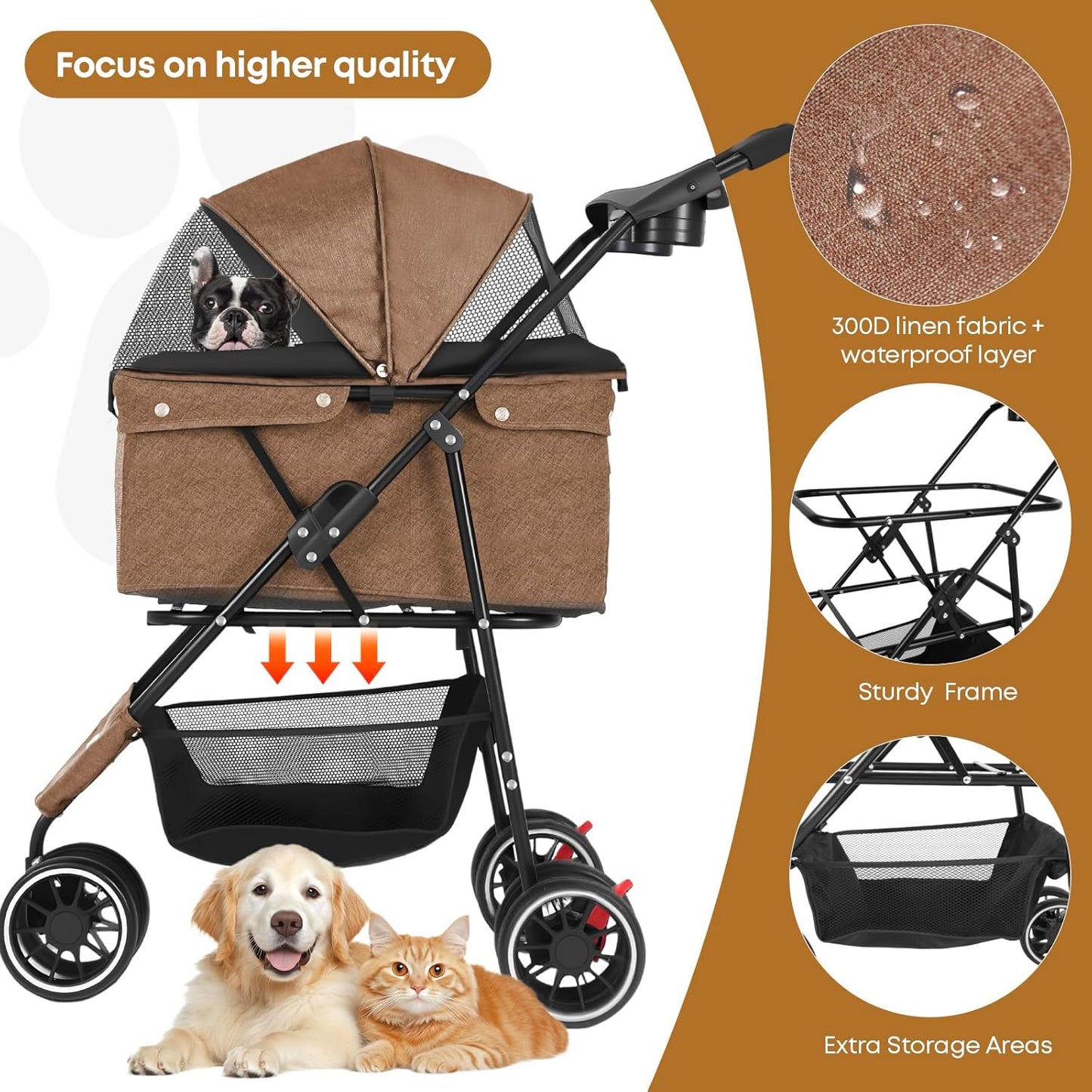 Pet Stroller,Dog Stroller for Small Medium Dogs Cats,3 Wheels,Foldable,with Breathable Mesh Canopy,Cup Holders,Easy Assembly,Deep Brown