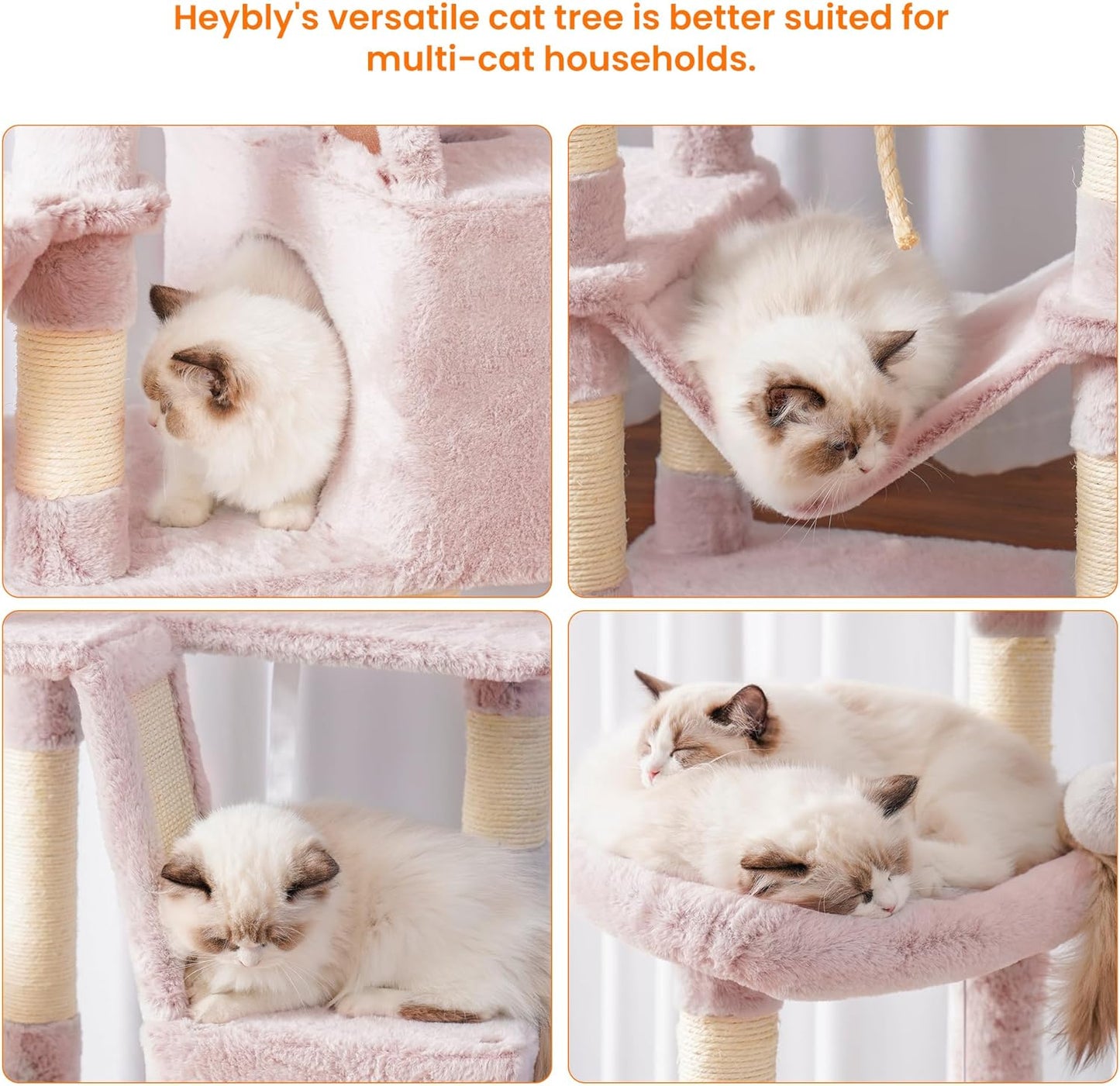 Heybly Cat Tree, 68 inch Multi-Level Cat Tower for Indoor Cats, 2 Widened Plush Perches Cat Condo with Scratching Board and Big Caves, Muchroom HCT025MU