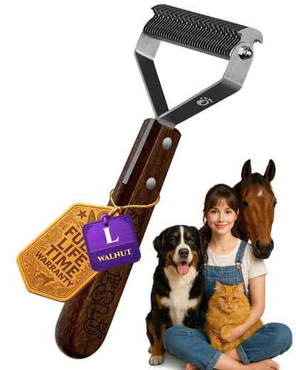 Large Dual-Sided Dogs and Cats Brush for Shedding, Unique Blade Designed Deshedding Dog Brush for Long & Short Haired Dogs, Safe&Pro Shedding Tools, Undercoat Rake for All Coats, Premium Walnut Handle