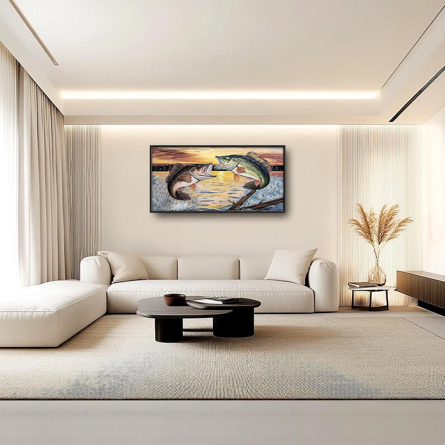 Large Fish Wall Art for Living Room, Framed Bass Fishing Wall Decor, Oversized Rustic Sunset Lake Canvas Painting Fish Pictures Modern Artwork Home Decoration for Living Room Bedroom Office 60"x30"