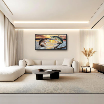 Large Fish Wall Art for Living Room, Framed Bass Fishing Wall Decor, Oversized Rustic Sunset Lake Canvas Painting Fish Pictures Modern Artwork Home Decoration for Living Room Bedroom Office 60"x30"