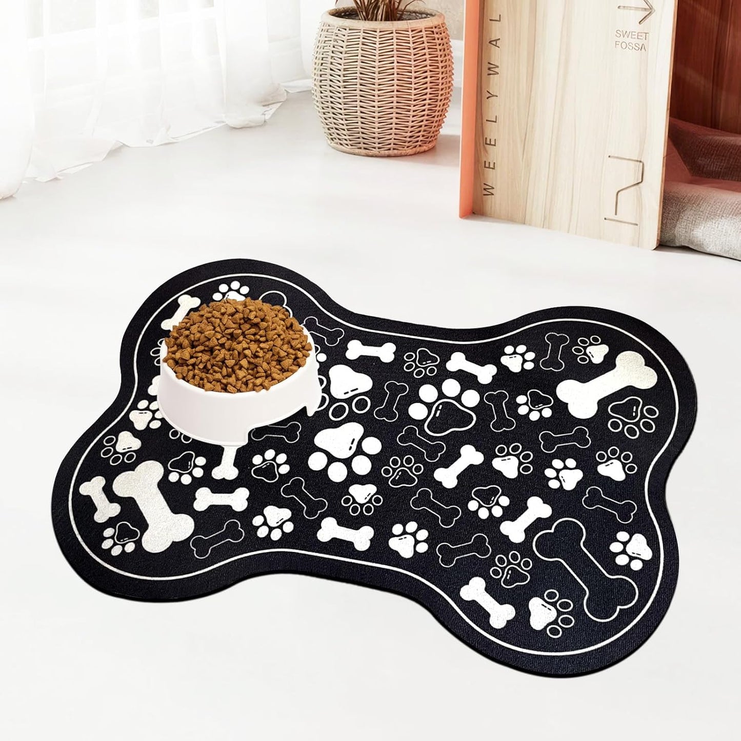 Dog & Cat Food Mat Bone Shaped Pet Feeding Mat Quick Absorb Water Bowl Placemat with Rubber Backing Indoor Floor Stain Resistant Pet Accessory Supplies (Black Small, 12x18 Inches)