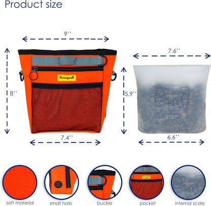 Dog Treat Pouch with Magnetic Closure 4-Cup Silicone Bag Fanny Pack Holder with Clicker 4 Ways to Wear Front Pocket Fits All Phones Ideal for Leash, Pet Walking and Training（Orange）