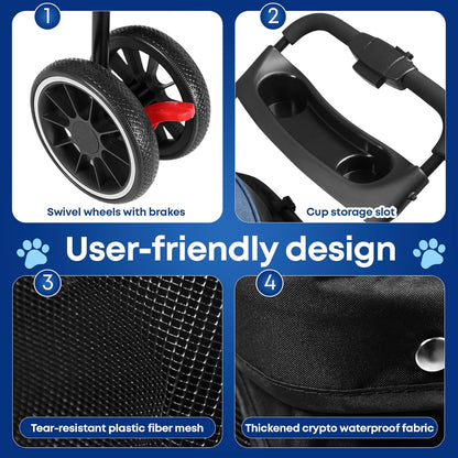 Pet Stroller,Dog Stroller for Small Medium Dogs Cats,3 Wheels,Foldable,with Breathable Mesh Canopy,Cup Holders,Easy Assembly,Blue+Black