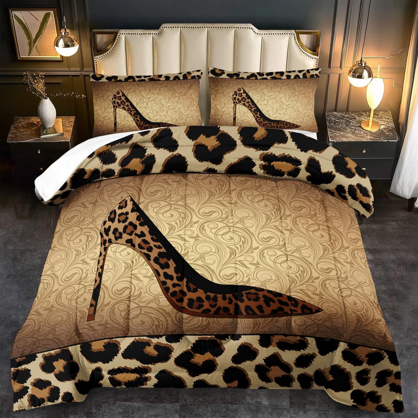 Leopard Comforter Set Twin Girls,Sexy High Heel Comforter for Women,Leopard Print Bedding Set Twin Adult,High Heel Quilt Bedroom Decor,African Animal Print Bedding Quilt