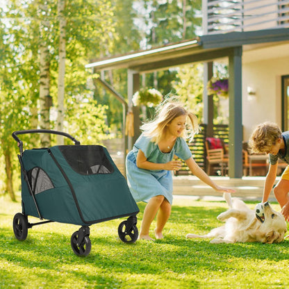 Large Dog Travel Stroller with 4 Heavy Duty Wheels Pet Stroller with Adjustable Handle - Double Doggie Capacity Jogger Wagon with Back Front Door for Small Medium Large Dogs (Dark Green-C)