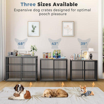 48'' XXL Dog Crate Furniture with 3 Doors, Wooden Crate End Table Heavy Duty Indoor Combination Cage for Medium to Large Dogs, Multiple Units Can be Combined, Grey