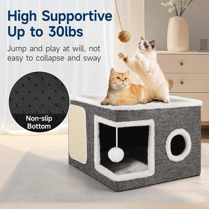 Cat Beds for Indoor Cats, Large Cat Cave with Cozy Condo, Fluffy Hanging Ball, Round Window, Foldable Indoor Cat House Hold Up to 30LBS, Cat Hideaway with Double-Sided Soft Cushions for All Seasons