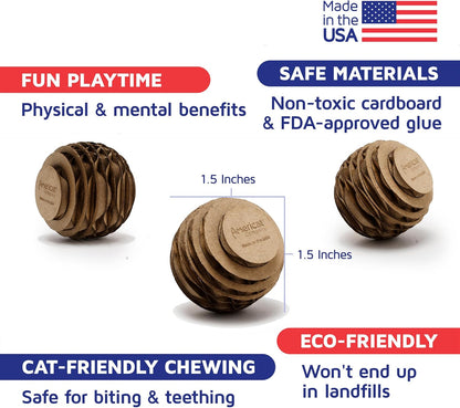 Cat Ball Toys by Americat – Made in USA – Safe Cardboard Cat Toys – for Interactive and Independent Play, Exercise & Stress Relief for All Breeds & Ages (Pack of 3 Round Balls)