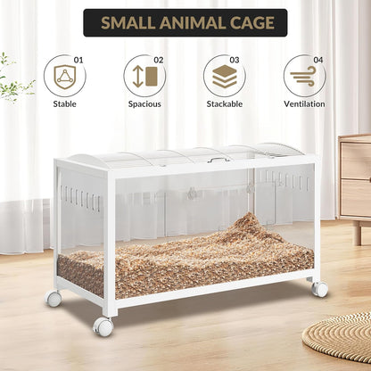 Large Metal Hamster Enclosure Rat Cage with 360 Viewing Acrylic Sides, Ventilated Front Door & Openable Top, Portable Hamster Tank for Guinea Pig, Chinchilla, Gerbil, 37.8''Lx18.5''Wx20''H White