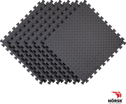 Norsk Foam Floor Gym Mats with Interlocking Tiles, .47" Thick, 24"x24", 24-Pack, 96 Square Feet, Diamond Plate Design, Grey
