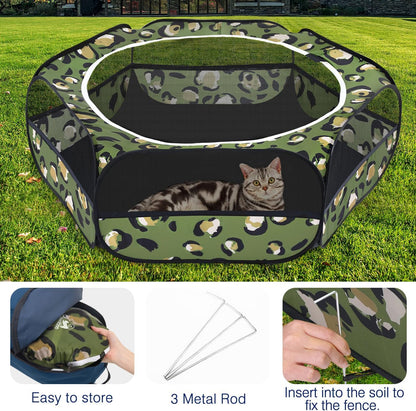 Pawaboo Small Animals Playpen, Waterproof Small Pet Cage Tent with Zippered Cover, Portable Outdoor Yard Fence with 3 Metal Rod for Chick/Kitten/Puppy/Guinea Pig/Rabbits/Hamster, Leopard Print