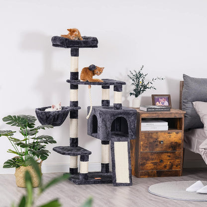 Heybly Cat Tree, Cat Tower for Indoor Cats with Scratching Board, Multi-Level Cat Furniture Condo with Feeding Bowl, Smoky Gray HCT010G