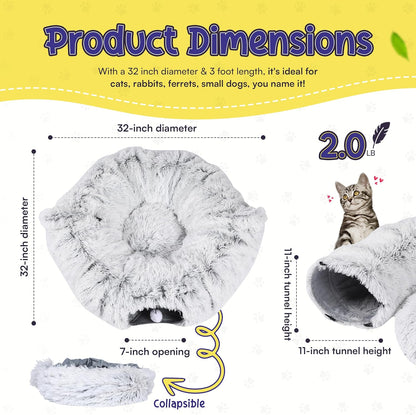 Cat Tunnel Bed Cave with Catnip Toys - Peekaboo Cat Hideaway & Cat Donut Tunnel - 3-in-1 Cat Tunnels for Indoor Cats - Foldable Cute Cat Bed - 32" Washable