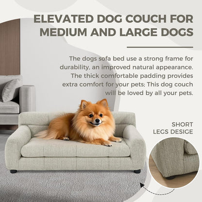 Dog Couch Bed, Mini Sofa for Dogs with Backrest and Armrest, Durable Pet Sofa with Soft Foam Cushion, Elevated Dog Couch Bed with Legs for Medium and Large Dogs, Beige