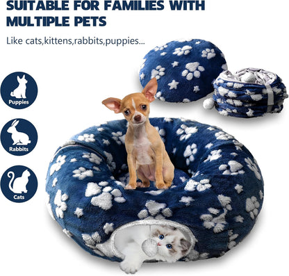 Cat Tunnel for Indoor Cats, Cute Peekaboo Cat Cave with Dangling Balls, Pet Donut Tunnel Bed with Circle Mat for Puppy Kitten Rabbit, Blue Paw