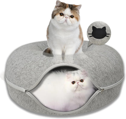 Donut Cat Tunnel Bed Peekaboo Cat Cave for Large Cats Up to 30 Lbs, Kitty Interactive Playing Tent House for Multiple Cats,Detachable,Scratch Resistant (Light Gray, Medium - 20 Inch Diameter)