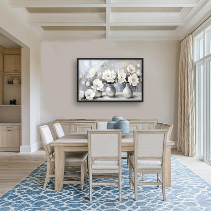 Large Farmhouse Floral Wall Art for Living Room, Framed Oversized White Flower Vase Wall Decor Grey Floral Canvas Painting Pictures Modern Artwork for Bathroom Bedroom Office Dining Room 36"x24"