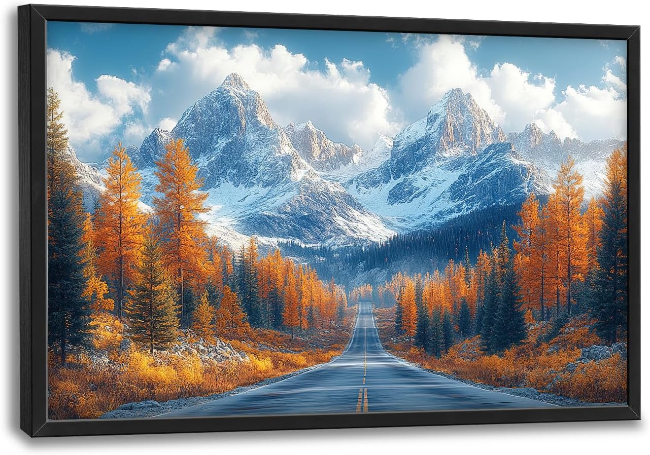Large Forest Mountain Landscape Wall Art for Living Room, Nature Highway Road Scenery Canvas Oversized Wall Decor, Autumn Framed Pictures Painting Print Artwork for Bedroom Office 36"L x 24"W