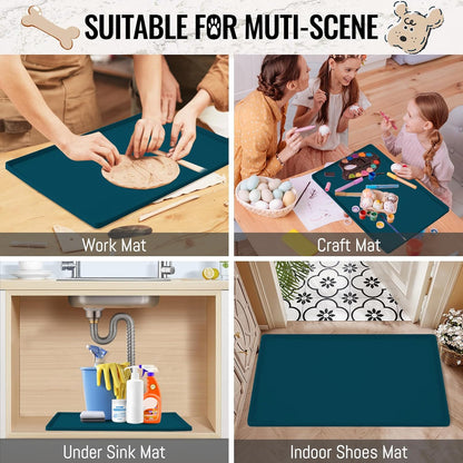 MateeyLife Dog & Cat Food Water Mat for Floors Waterproof, Nonslip Pets Bowl Feeding Mats with Raised Edges, Silicone Matt Tray for Messy Drinkers, 18"x12", Navy