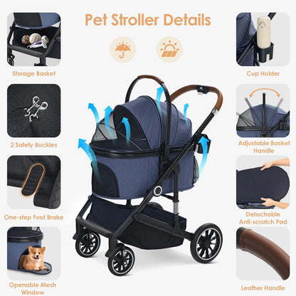 Pet Stroller with 4 Wheels, 3 in 1 Folding Puppy Strollers for Small/Medium Dogs Cats up to 50lbs, Lightweight Pet Travel Carrier with Detachable Cushion, Storage Basket and Cup Holder, Blue