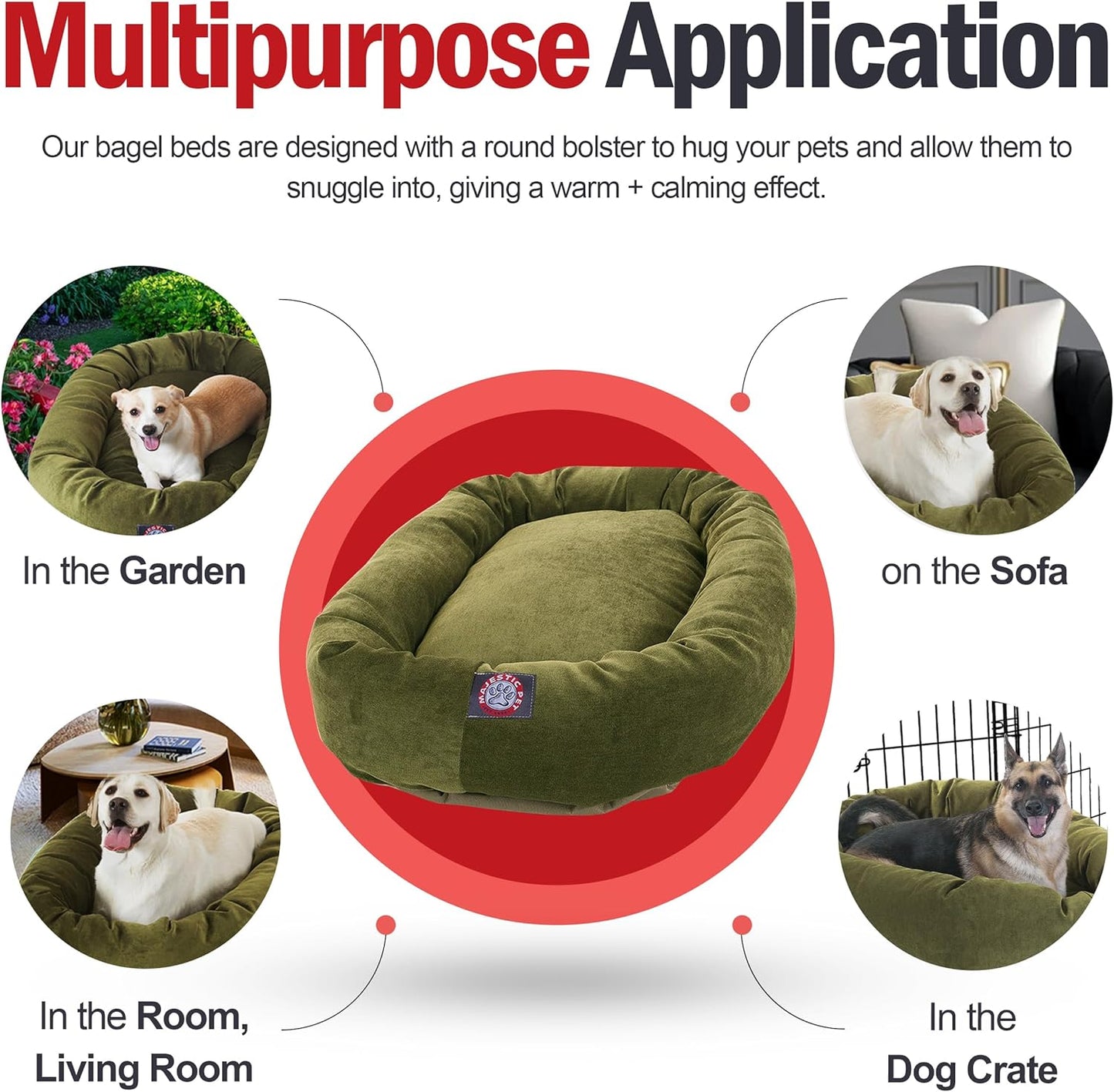 Majestic Pet 40 Inch Micro Velvet Calming Dog Bed Washable 40x29x9 (inch) – Cozy Soft Round Donut Dog Bed with Spine for Head Support - Pet Bed Large – Fern (2025)