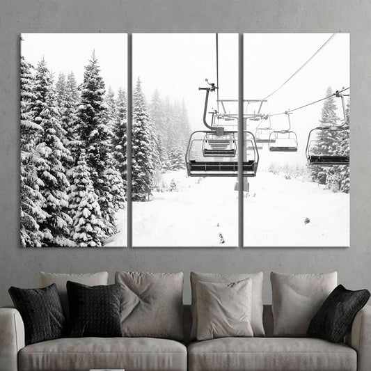 Nature Wall Art Prints - Ocean Forest Mountain Lake Canvas Landscapes - Small to Extra Large Living Room Bedroom Kitchen Bathroom Décor (Ski Lift on Snowy Mountain, 39L" x 59W" - 3 Panels)