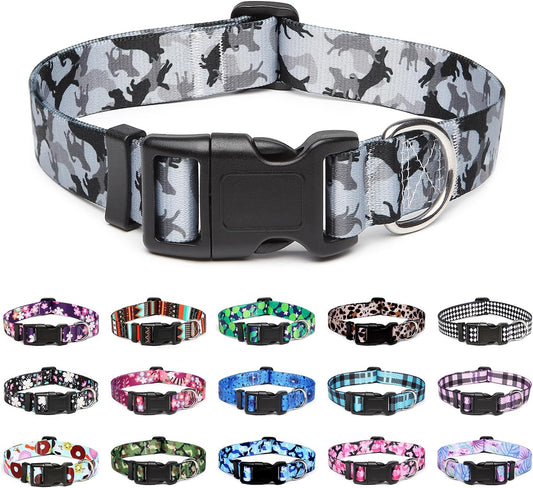 Mercano Adjustable Dog Collar - Special Design Patterns, Soft Nylon Comfortable Durable Pet Collar for Small Medium Large Dogs (L, Dog Camouflage Grey)